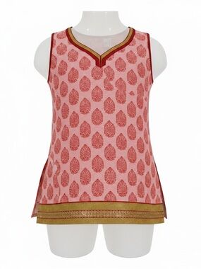 Printed Pink & Red  silk Sleeveless Tunic Tank with Gold Trim
